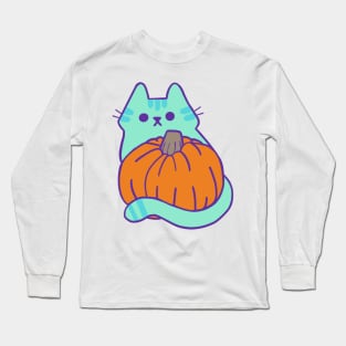 Teal Kitty Pumpkin Long Sleeve T-Shirt